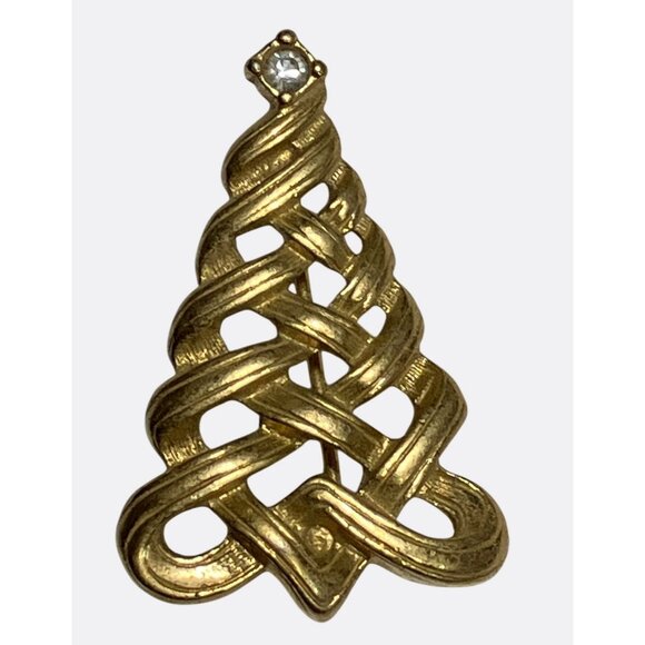 Avon Gold Tone Christmas Tree Brooch With Faux Diamond Accent Vintage Jewelry - Picture 2 of 7